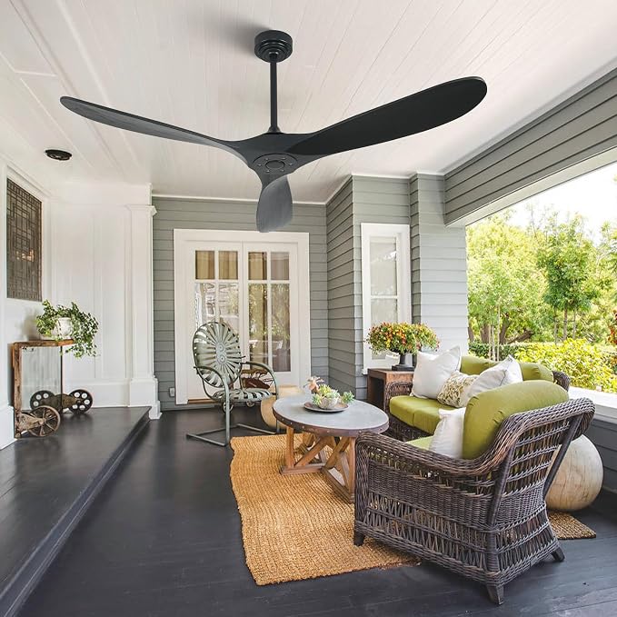 Outdoor Ceiling Fan Without Light, 60 Inch Smart Ceiling Fan with Remote & Voice Control for Compatible with Alexa/Google, 3-Blade Wood Fan, Quiet DC Motor, 6 Speeds for Patio, Porch, Farmhouse