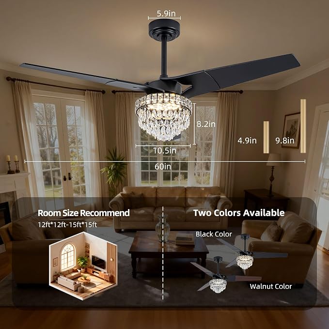 Chandelier Ceiling Fans With Lights And Remote, Chandelier Fan Ceiling,Crystal Ceiling Fan Fandelier With Lights,6 Speed 3 Timer Quiet Ceiling With Fans For Living Room Bedroom (Black, 60 In'ch)