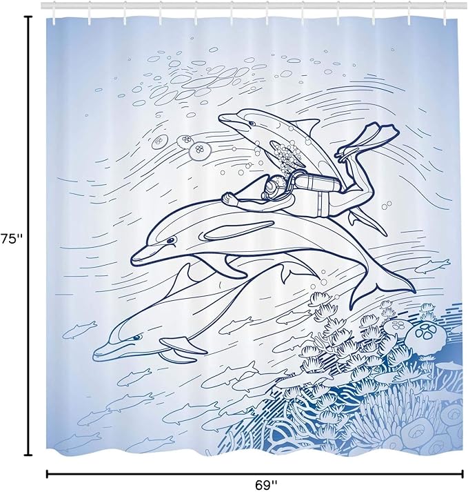 Ambesonne Sea Animals Shower Curtain, Sketch of Scuba Diver Holding Fin of Dolphin Over Coral Reefs Fish Underwater, Cloth Fabric Bathroom Decor Set with Hooks, 69" W x 75" L, Blue Navy