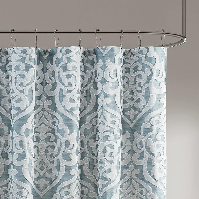 Madison Park Odette Fabric Shower Curtain Luxe Textured Jacquard, Damask Medallion Machine Washable Modern Home Bathroom Decor, Bathtub Privacy Screen, 72" x 72", Aqua/Silver