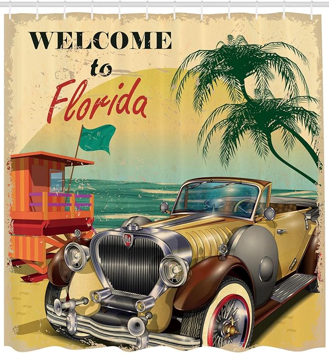 Ambesonne Florida Shower Curtain, Old Beach Picture with Vintage American Car a Visit to Touristic Coastal State, Cloth Fabric Bathroom Decor Set with Hooks, 69" W x 75" L, Beige Multicolor