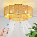 RUIYEY Boho Ceiling Fans with Lights: 20 inch Fandelier Low Profile Ceiling Fans with Remote Control, 5 Blades 6 Speeds DC Reversible E12 5 Light Flush Mount Rattan Ceiling Light Fixtures for Bedroom