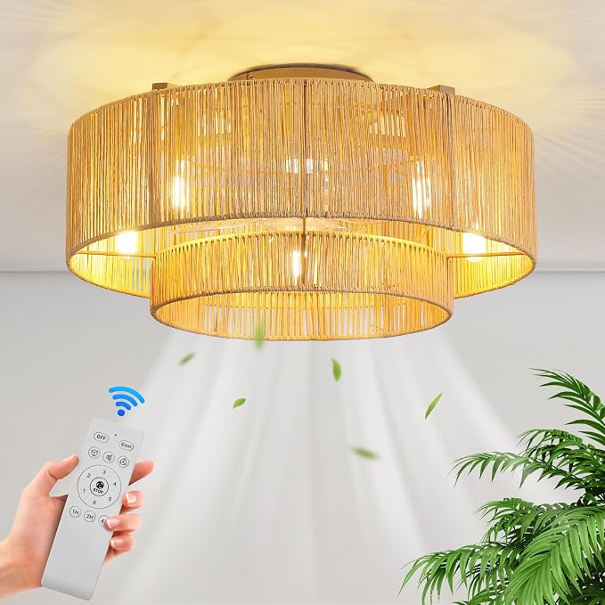 RUIYEY Boho Ceiling Fans with Lights: 20 inch Fandelier Low Profile Ceiling Fans with Remote Control, 5 Blades 6 Speeds DC Reversible E12 5 Light Flush Mount Rattan Ceiling Light Fixtures for Bedroom