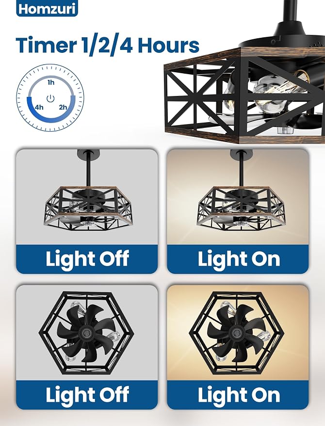 20" Caged Ceiling Fan with Light and Remote App Control, Rustic Hexagonal Downrod Mount Ceiling Fandelier Lights, 6 Speed and Reversible, Farmhouse Industrial Style for Bedroom, Kitchen