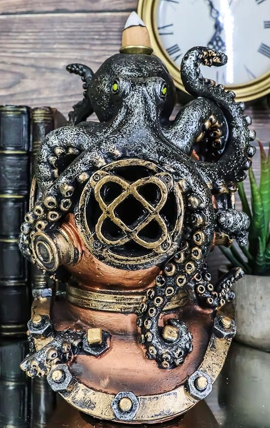 Ebros Gift Nautical Ocean Marine Octopus Kraken Smothering A Steampunk Divers Helmet Incense Cone Burner Holder Resin Statue Sea Cthulhu Giant Octopuses Themed Decorative Figurine