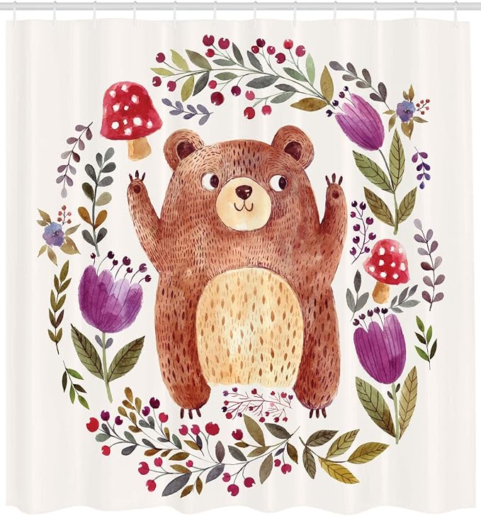 Ambesonne Watercolor Flower Shower Curtain, Illustration of Happy Little Bear in Frame of Flowers Mushrooms Wreath, Cloth Fabric Bathroom Decor Set with Hooks, 69" W x 75" L, Purple Green