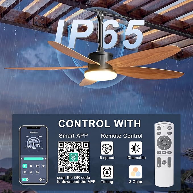 Outdoor Ceiling Fan with Lights, 48 Inch Plug in Gazebo Fans with Remote APP Control, Quiet DC Motor, Dimmable 3CCT, Waterproof Hanging Fans for Covered Patios, Porch, Wood Color