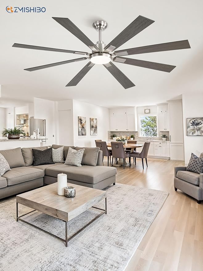 ZMISHIBO 65 Inch Ceiling Fans with Lights and Remote, Brushed Nickel Large Ceiling Fan with 3000-6000K Dimmable, Quiet Reversible DC Motor, 6 Speeds, Indoor/Outdoor Ceiling Fan for Patios Living Room