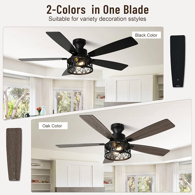 52'' Flush Mount Farmhouse Ceiling Fan with Light & Remote Control | Reversible Quiet DC Motor,6-Speed,Timer Dual-Sided Blades,Low Profile Industrial Caged Ceiling Fan for Bedroom Living Room