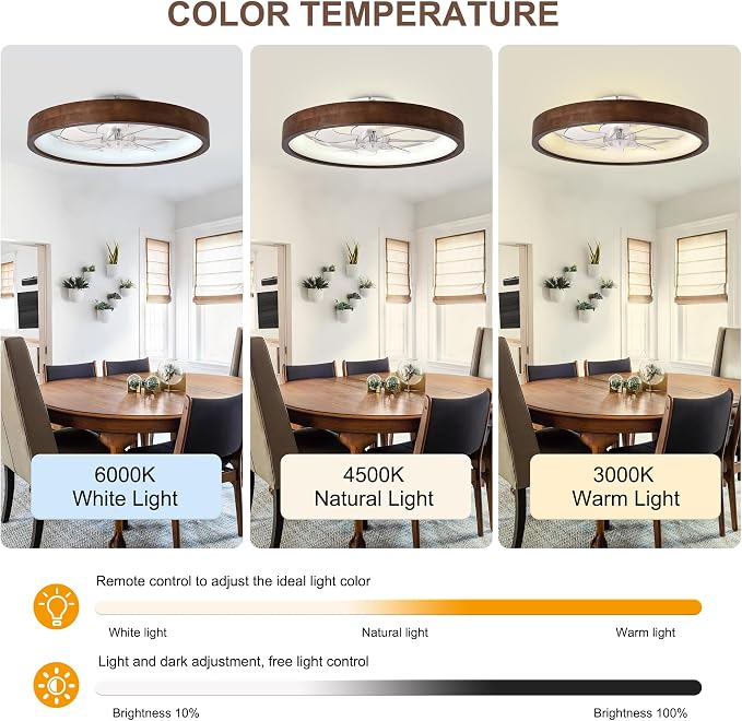20” Modern Dark Wooden Flush Mount Low Profile Ceiling Fans with Lights | 3 Color Dimmable LED,6 Speeds,Reversible DC Motor Ceiling Fan with Light and Remote for Bedroom/Kidsroom/Dinng Room