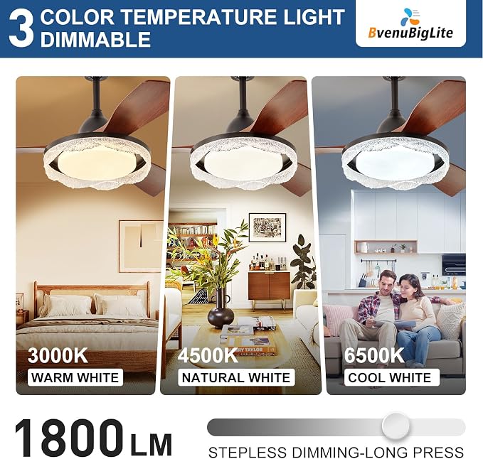 Ceiling Fans with Lights and Remote: 42-Inch Ceiling Fan 3 Blades Round Crystal Low Profile Outdoor - Walnut Ceiling Fans with Remote Control Quiet Reversible DC Motor for Living Room