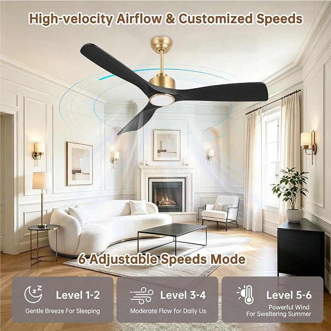 Ovlaim 52 Inch Modern Smart Ceiling Fan with Lights and Remote High CFM | 3 Blade Black Gold Ceiling Fan,ETL Listed Quiet Reversible DC Motor,Dimmable Light & Memory Function,For Bedroom Living Room