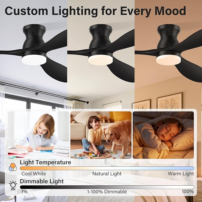 52" Wood Ceiling Fans with Lights Remote,Smart Control via Alexa App,Quiet DC Motor,Flush Mount Low Profile Ceiling Fan for Modern Bedroom,Living Room,Patio,Outdoor Indoor,Matte Black,Dimmable,6-Speed