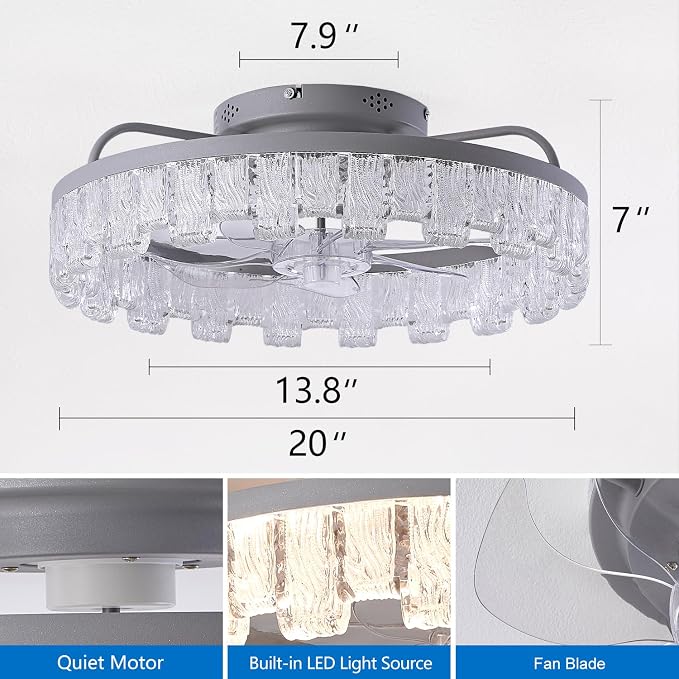 Dalouguan Rustic Silver Caged Ceiling Fan with Light, Personalized Fashion Ceiling Fan Remote Control with Acrylic, LED Low Profile Ceiling Light for Bedroom Kitchen Living Room