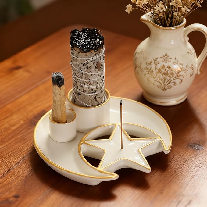 4 in1 Moon Incense and Palo Santo Holder, Sage and Plao Santo Burner, Incense Holder for Sticks, Sage Stick Holder for Burning, Sage Burner Bowl for Altar Decor, Incense Burner Holder