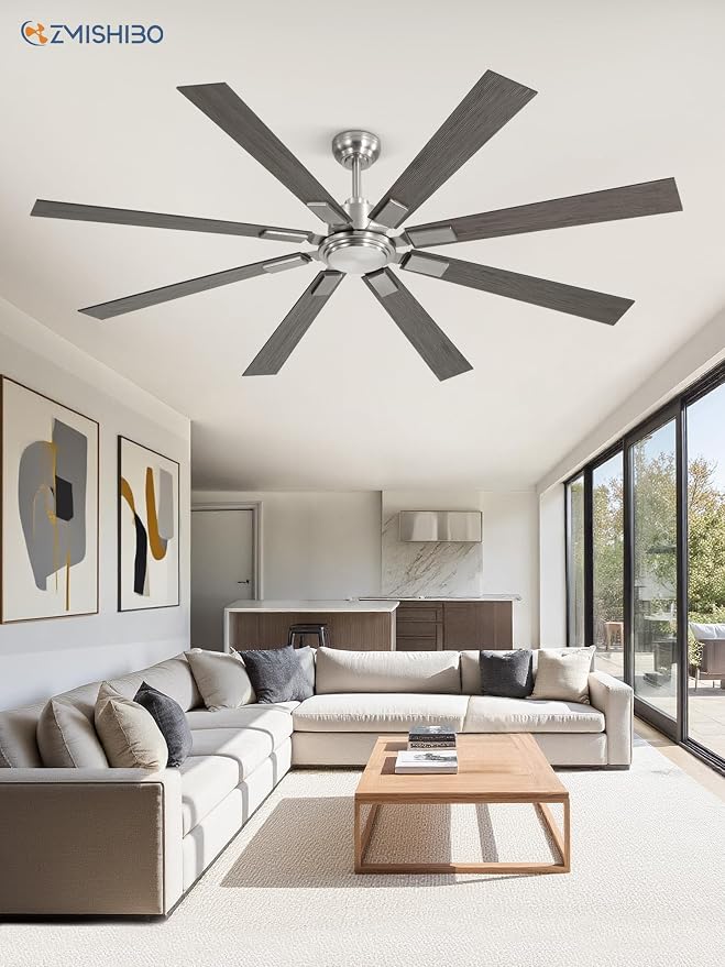 72 Inch Brushed Nickel Modern Ceiling Fan No Light with Remote, Outdoor Ceiling Fans Without Light with Quiet Reversible DC Motor, 6 Speeds, 8 Blades Large Ceiling Fan for Patios, Living Room, Garage
