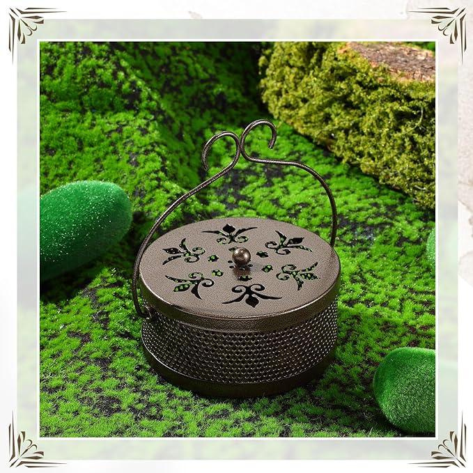 Therwen 6 Pcs Iron Mosquito Coil Holder with Handle Retro Portable Coil Holder Round Fireproof Incense Holder Hanging Incense Burner for Indoor Outdoor Home and Camping (Bronze)
