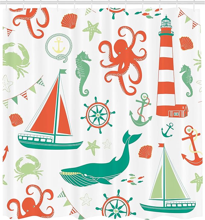 Ambesonne Nautical Shower Curtain, Pastel Colored Composition of Lighthouse Sailboat Fish Shells Octopus, Cloth Fabric Bathroom Decor Set with Hooks, 69" W x 70" L, Vermilion Teal