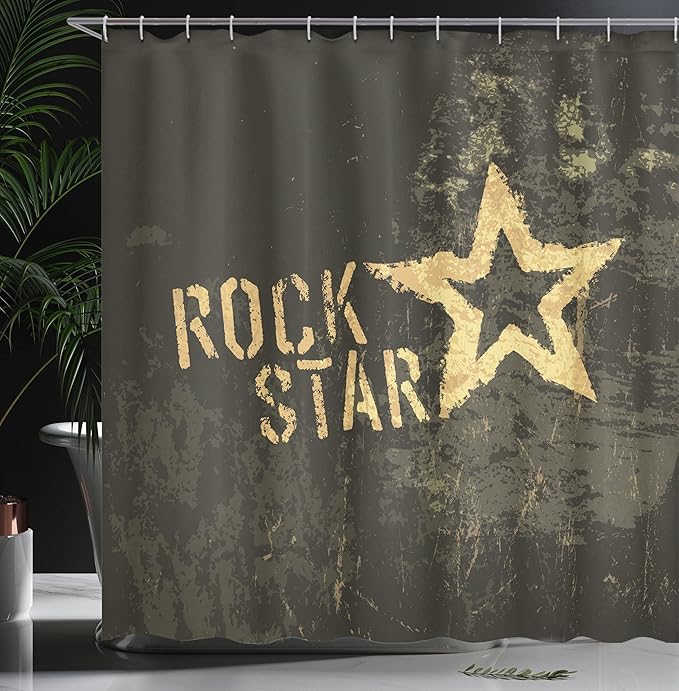 Ambesonne Star Print Shower Curtain, Rock Lettering Dark Grunge Backdrop Concert Music Themed Party Themed Art Print, Cloth Fabric Bathroom Decor Set with Hooks, 69" W x 70" L, Brown Mustard