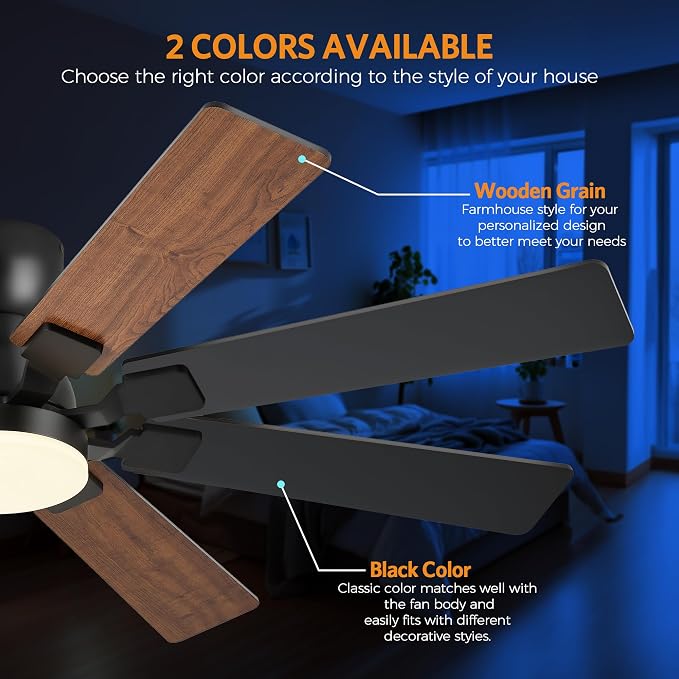 JSAITEE 52Inch Ceiling Fan with Lights, Flush Mount Low Profile, Brown | Ceiling Fans,DC Reversible Motor Noiseless, 3CCT Dimmable, Dual Finish, 6 Speeds Ceiling Fan for Indoor/Outdoor