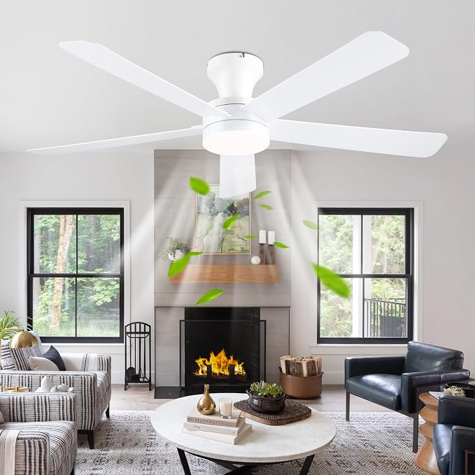 Ayaoty White Ceiling Fans with Lights, 46"- Flush Mount Ceiling Fan Light with ABS Blades Reversible, Low Profile, 3CCT Dimmable, Reversible, Fan Light for Indoor Modern Bedroom, Kitchen