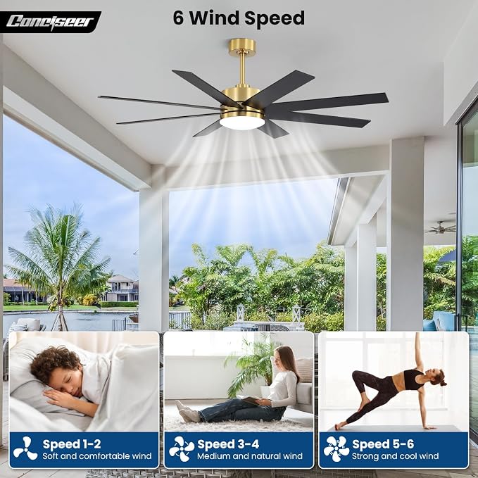 60 Inch Ceiling Fans with Lights and Remote, Dual Color 6 Blades, Bedroom Living Room Office Library Cafe Outdoor Industrial, 3CCT Dimmable, 6 Speed Reversible Quiet DC Motor, Gold/Wood Grain