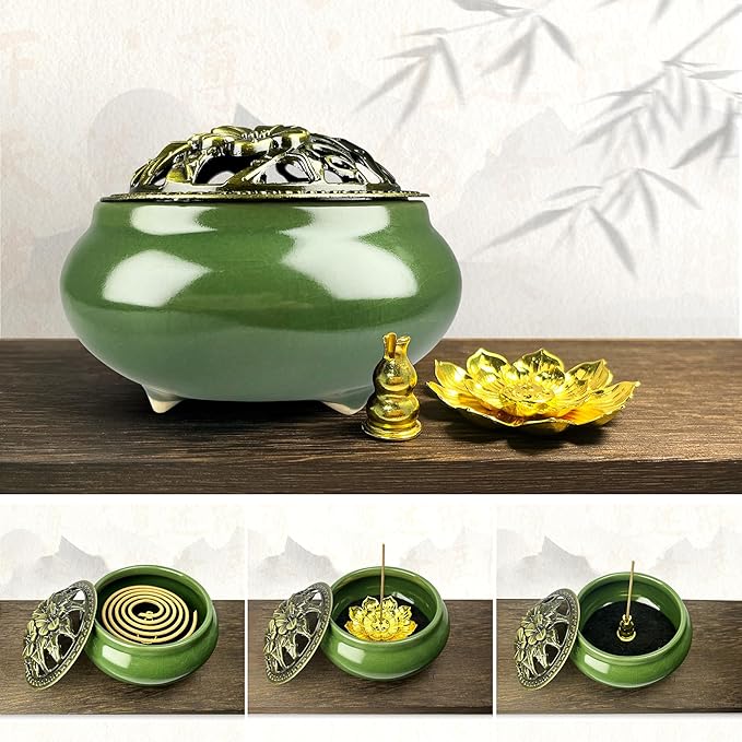 Ceramic Incense Burner, Bowl Burner,Cone Incense Burner with Brass lid for use with Stick or Cone-Shaped Incense，Lotus Incense Stick Holder Calabash Incense Stick Holder, 3pc (Dark Green)