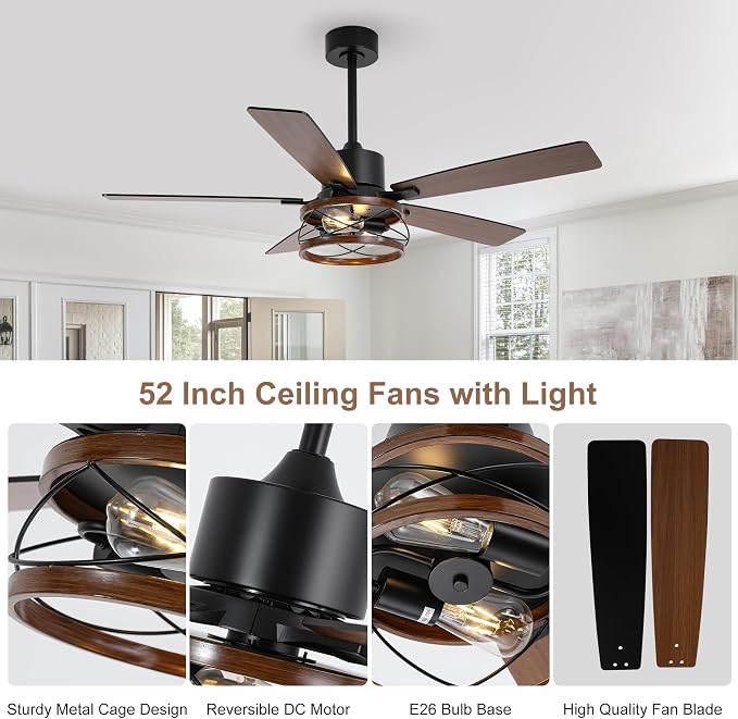 Qcyuui Farmhouse Ceiling Fan with Light 52 Inch Ceiling Fan with Light, Quiet 6-Speed Reversible DC Motor, Dual Finish 5 Blades, Rustic Caged Fandelier Ceiling Fan with Light for Living Room