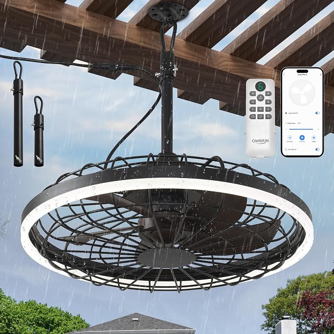 20" Gazebo Fan With Light Waterproof Ceiling Fan,5 Blade,Dimmable Color,3CCT,Alexa/Google,Dark Walnut Plug In Caged Outdoor Fan for Patio Backyard Family Reunions Parties