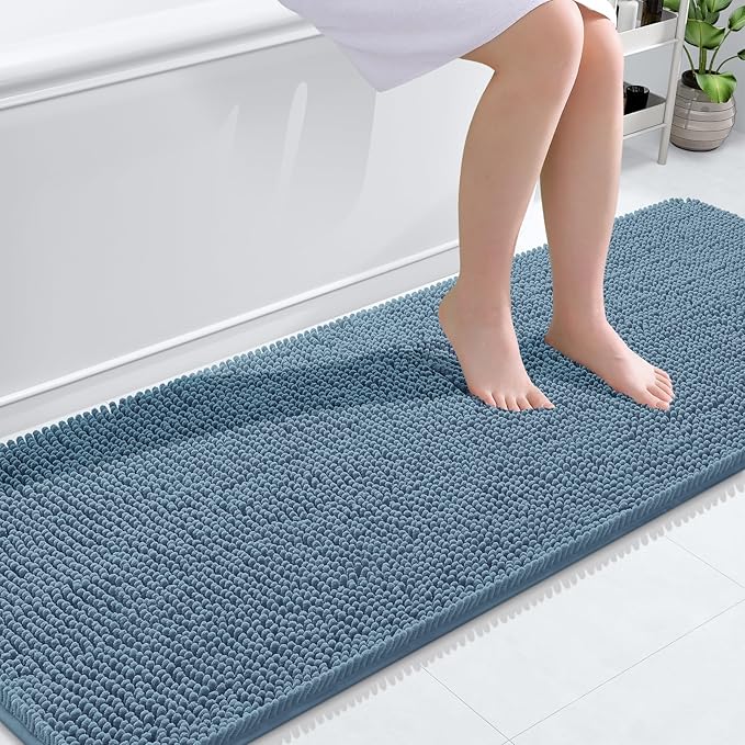 OLANLY Bathroom Runner Rugs 70x24, Soft Absorbent Chenille Bath Rugs, Rubber Backing Quick Dry, Machine Washable Long Bath Mats for Bathroom Floor, Tub and Shower, Home Decor Accessories, Airy Blue