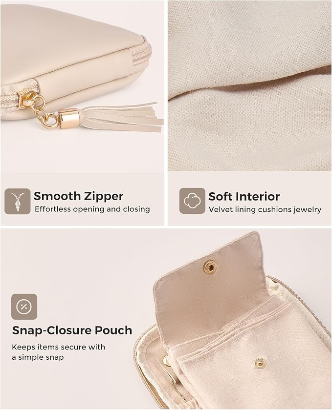 Lolalet Travel Jewelry Case Organizer, Small Soft Jewellery Pouch -Oatmeal | Storage Bag for Traveling Women, with Multi Compartments for Packing Necklaces, Earrings, Bracelets