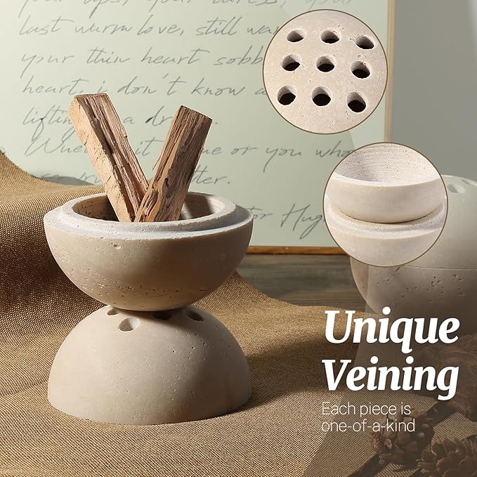 Natural Travertine Incense Burner – 4” Handmade Stone Incense Cone Holder, Minimalist Sphere Incense Burner for Home Decor, Meditation, Yoga, Spa, Relaxation (Beige)
