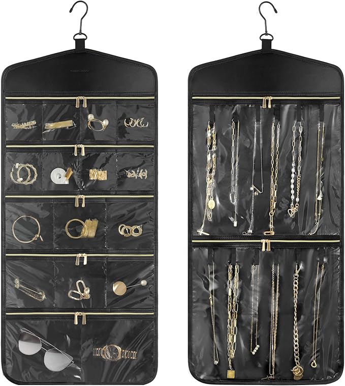 CHICECO Travel Jewelry Holder Organizer,Hanging Jewelry Organizer Storage with Zippered Pockets for Cloest,Jewelry Holder for Earrings, Necklaces（Black）