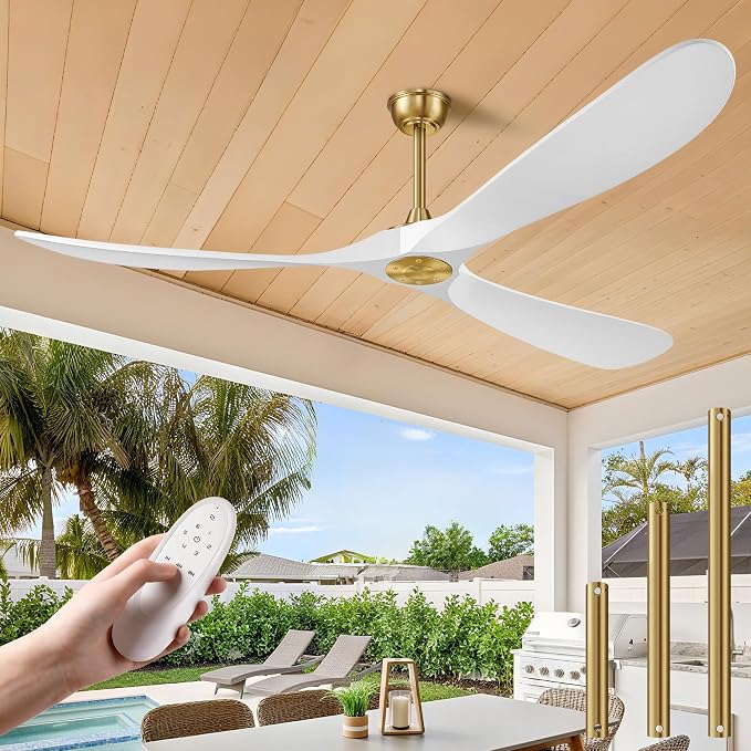 Haipeel 72 Inch Ceiling Fans without Lights, Wood Large Ceiling Fan no Light and Remote Control, Modern Indoor Outdoor Ceiling Fan no Light 3 Blade Propeller for Patios Garage High cfm, White Gold