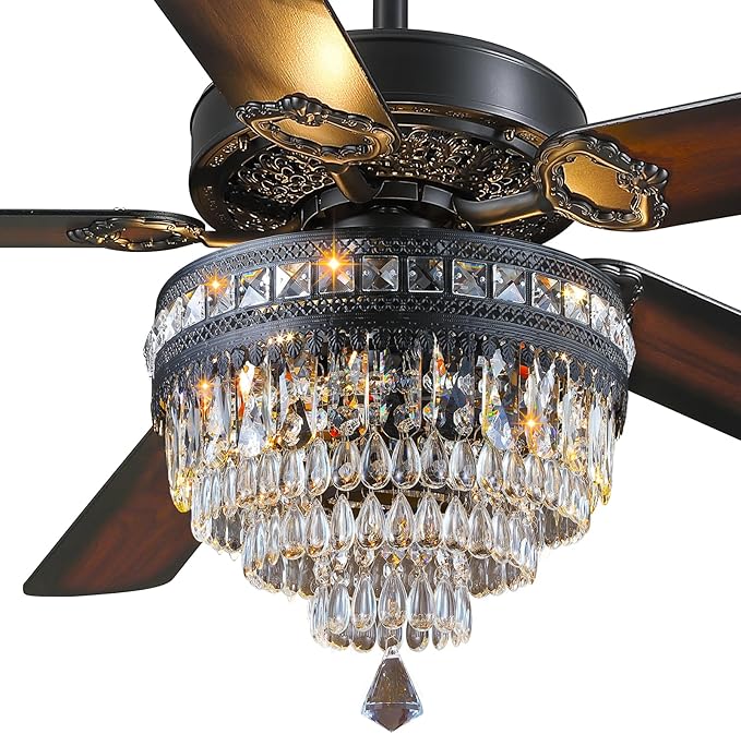 62" Black Crystal Chandelier Ceiling Fans with Lights and Remote Control | Classical Design,6 Reversible Speeds,30W Quiet DC Motor,5 Wooden Blades,3*E12 LED Bulbs Included,for Living Room Bedroom