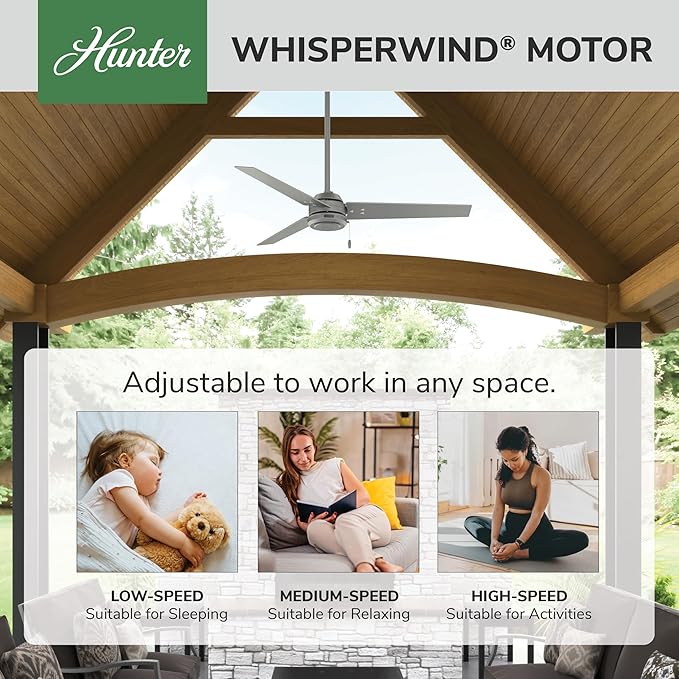 Hunter Cassius, Outdoor or Indoor, Ceiling Fan, 52 inch, Matte Silver | No Light, Standard Mount, Pull Chain, 3 Blades, For Living Room, Patio, Porch, Garage, 59262