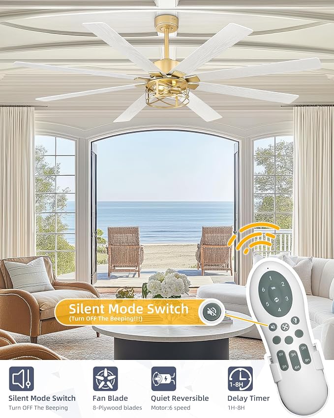 YOUKAIN Ceiling Fans with Lights, 72 Inch Farmhouse Ceiling Fans with Lights and Remote, 8-Reversible Blades, Gold Finish, Outdoor Ceiling Fan for Indoor/Outdoor Use, 72-YJ632-GDW