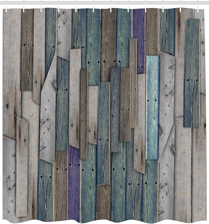 Ambesonne Rustic Shower Curtain, Grunge Wood Planks Barn Farm Log Cabin House Decor Themed, Bathroom Accessories Set with 12 Hooks Cloth Fabric for Master Bathroom, 69" W x 84" L, Umber Pale Teal Plum
