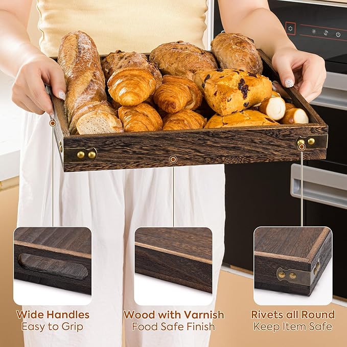 Serving Tray with Handles,12.75"*12.75"Wood Decorative Tray for Living Room,Modern Coffee Table Tray,Square Large Serving Platters for Home Decor,Ottoman,Bed,Kitchen,Bathroom, Breakfast,Bar