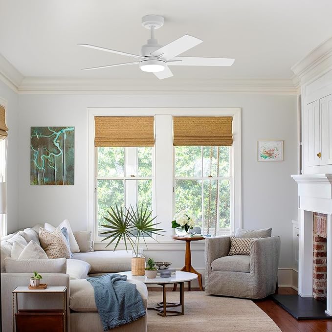 YUHAO 48 Inch White Ceiling Fan with Light and Remote Control.Noiseless,Dimmable, 3CCT,6 Speeds Reversible, Modern DC Ceiling Fans for Indoor or Covered Outdoor Use,ETL Listed