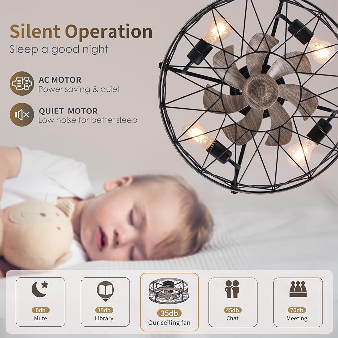 REDSTAR Flush Mount Caged Ceiling Fan with Lights, 20" Small Bladeless Ceiling Fans with Remote, Rustic Low Profile Ceiling Fans 6-Speeds Reversible Enclosed Ceiling Fan for Bedroom Kitchen Farmhouse