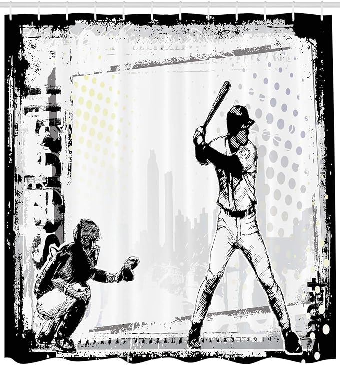 Ambesonne Sports Shower Curtain, Baseball Themed American Sport Team Rustic Design Silhouette Illustration Print, Cloth Fabric Bathroom Decor Set with Hooks, 69" W x 84" L, White Black