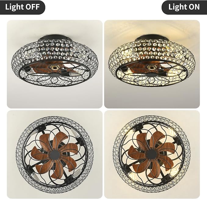 Caged Crystal Ceiling Fans with Lights and Remote,18.8" Flush Mount Low Profile Ceiling Fan with Light,6 Speed Enclosed Ceiling Fan with Reversible Motor for Bedroom Kitchen Living Room