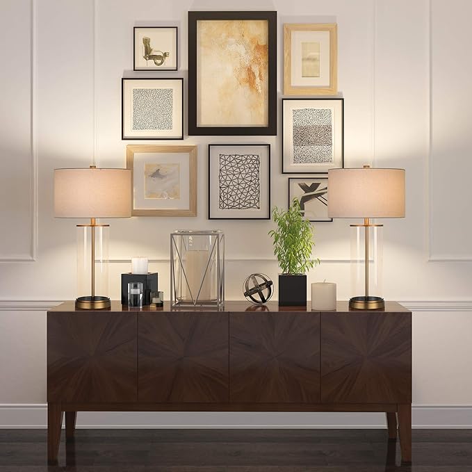 Henn&Hart 28" Tall Table Lamp with Fabric Shade in Antique Brass/White, Lamp, Desk Lamp for Home or Office