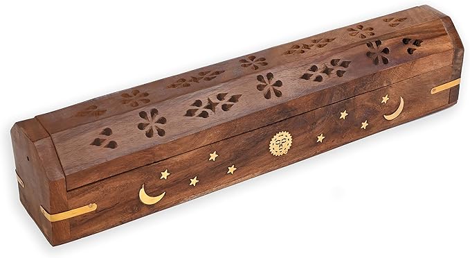 Incense Garden Pack of 2 Incense Stick Holder - Coffin Style - Wood Incense Stick Burner with Sun Moon Star Inlays Handmade with Brass Inlays (Natural)