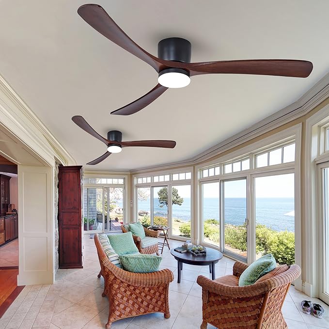 60" Wood Ceiling Fan with Lights Remote, Reversible DC Motor 6-Speed Ceiling Fan, 3 Blades Low Profile Flush Mount Ceiling Fans, Modern Ceilingfans for Low Profile, Walnut and Matte Black