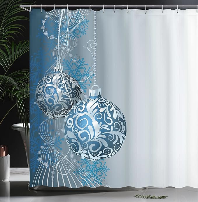 Ambesonne Christmas Shower Curtain, Abstract Pattern Snowflake Motifs Curlicues on Baubles Season, Cloth Fabric Bathroom Decor Set with Hooks, 69" W x 70" L, Blue Pale Blue White