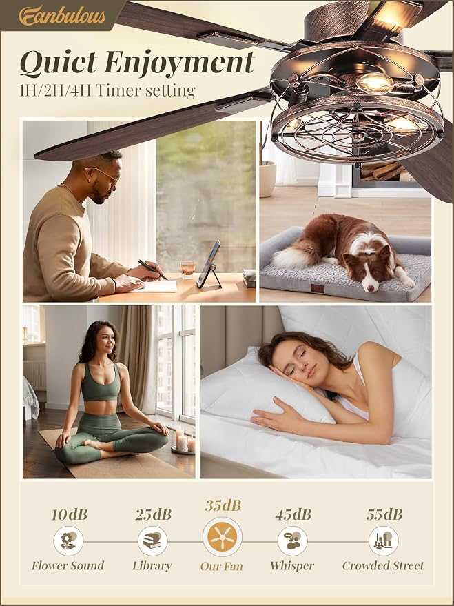 Farmhouse Ceiling Fan with Light and Remote, Industrial Caged Flush Mount Ceiling Fans with 6 Speed Reversible Motor and Dual Finish 5 Blades, for Living room, Bedroom (Black and Gold, 52Inch)