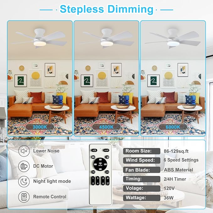 Depuley Modern Ceiling Fan with Light: 35-Inch White Small Fans for Bedroom Indoor Outdoor - Dimmable Low Profile Ceiling Fans with Remote Control Flush Mount 5 Reversible White Blades 6 Speeds Timer