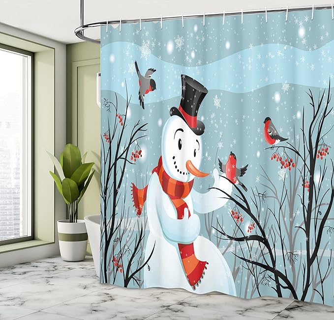 Ambesonne Christmas Shower Curtain, Snowy Winter Tree Branches Berries Bullfinch Birds Snowman Hat, Cloth Fabric Bathroom Decor Set with Hooks, 69" W x 75" L, Almond Green Black Orange